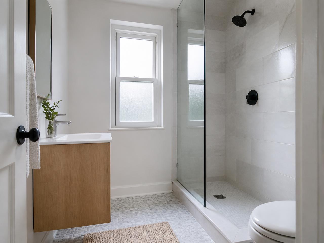 Renovated rowhouse bathroom with a tiled walk-in shower and floating oak vanity