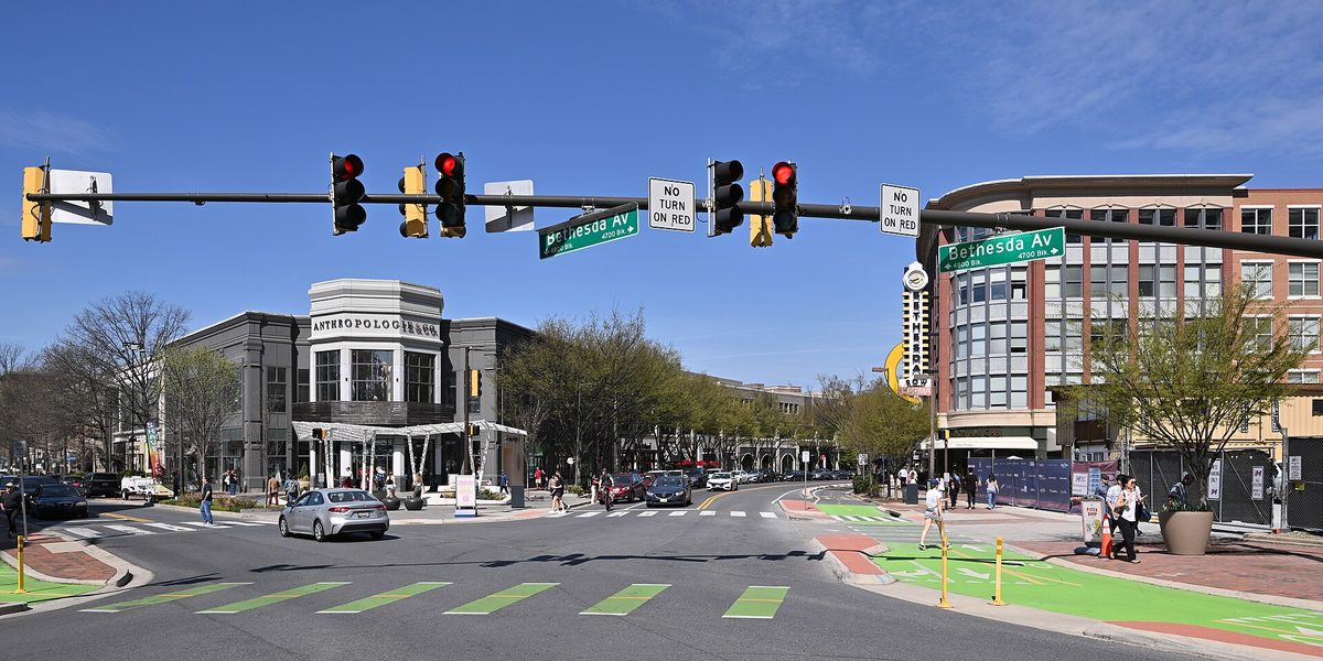 A downtown bethesda street intersection in Bethesda, MD.