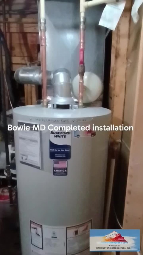 Installed tank water heater and venting documented at a Bowie, Maryland job