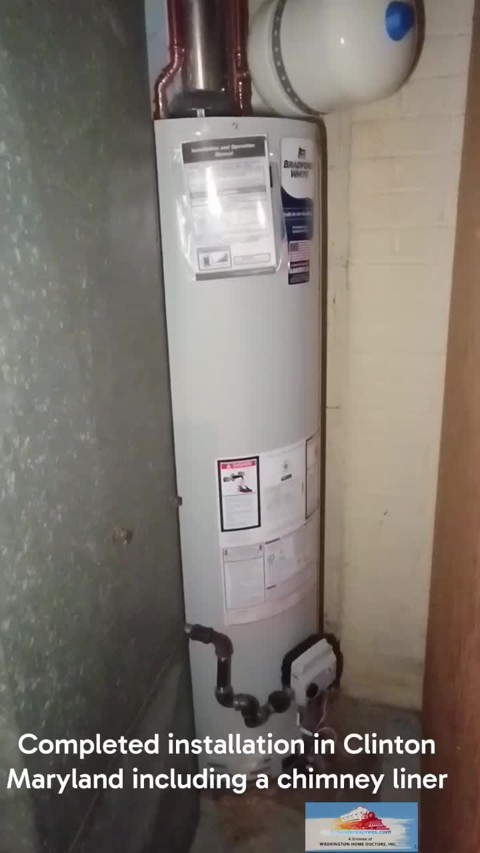Completed water-heater installation with connected vent in Clinton, Maryland; field footage identifies chimney liner work