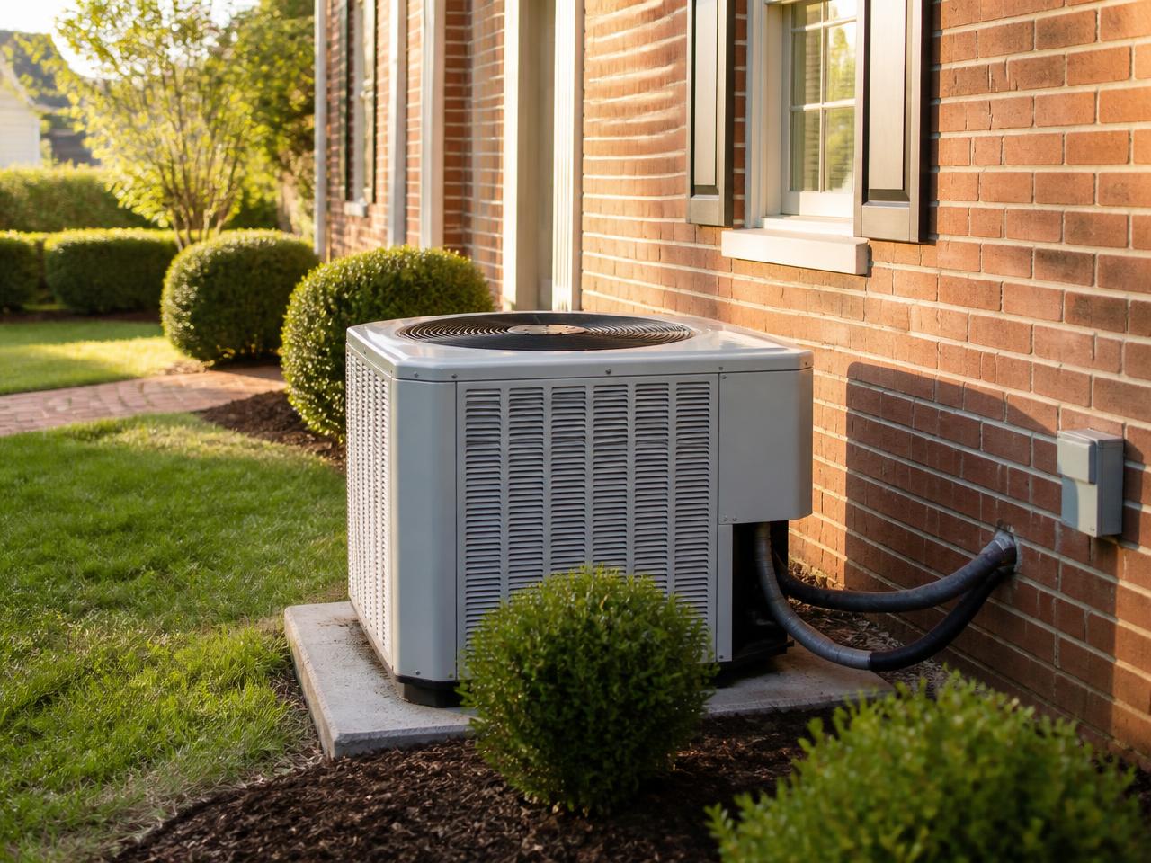 Outdoor air-conditioning condenser on a concrete pad beside a brick home
