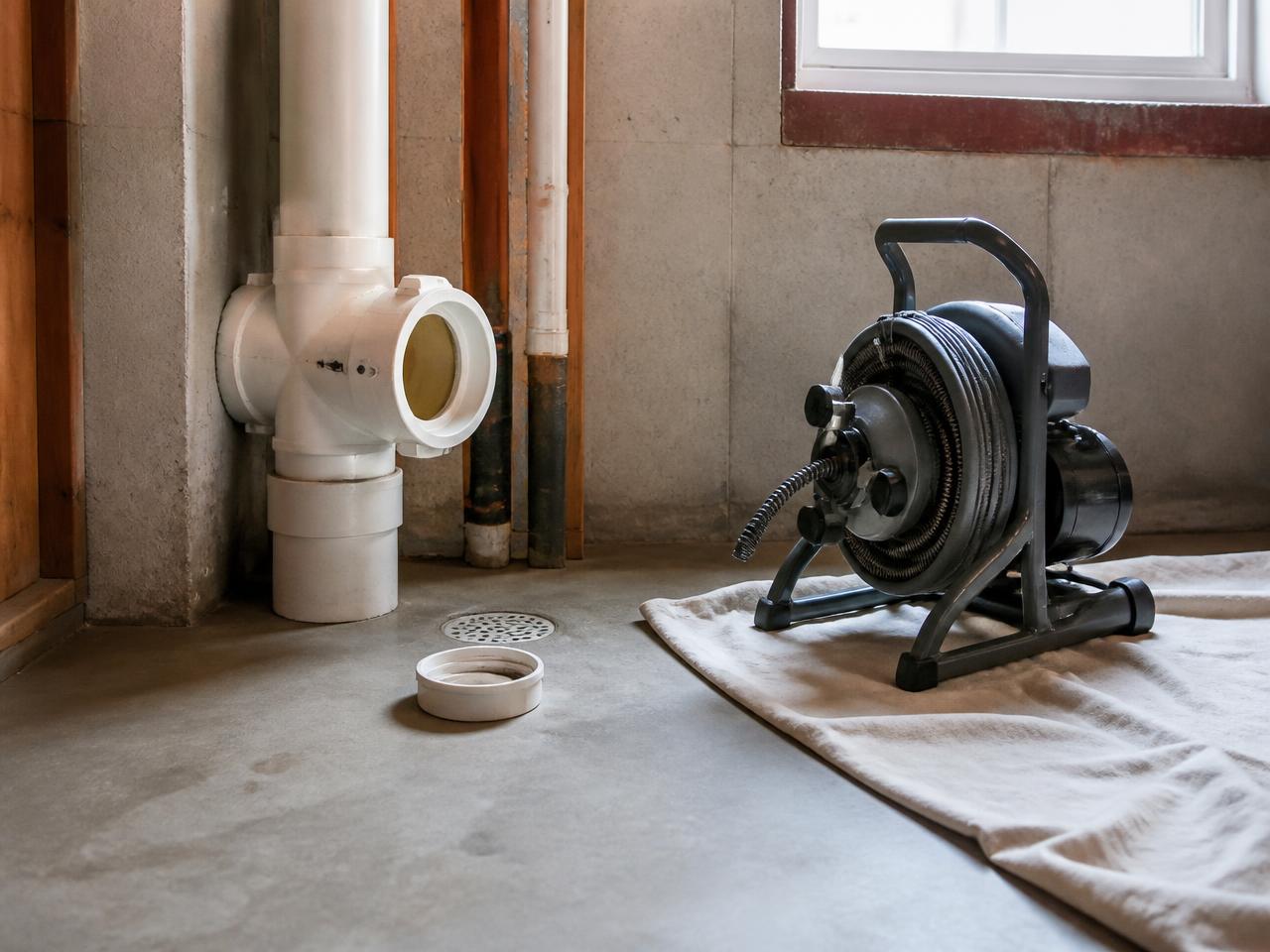 Open basement cleanout and floor drain with a professional drain machine staged beside them
