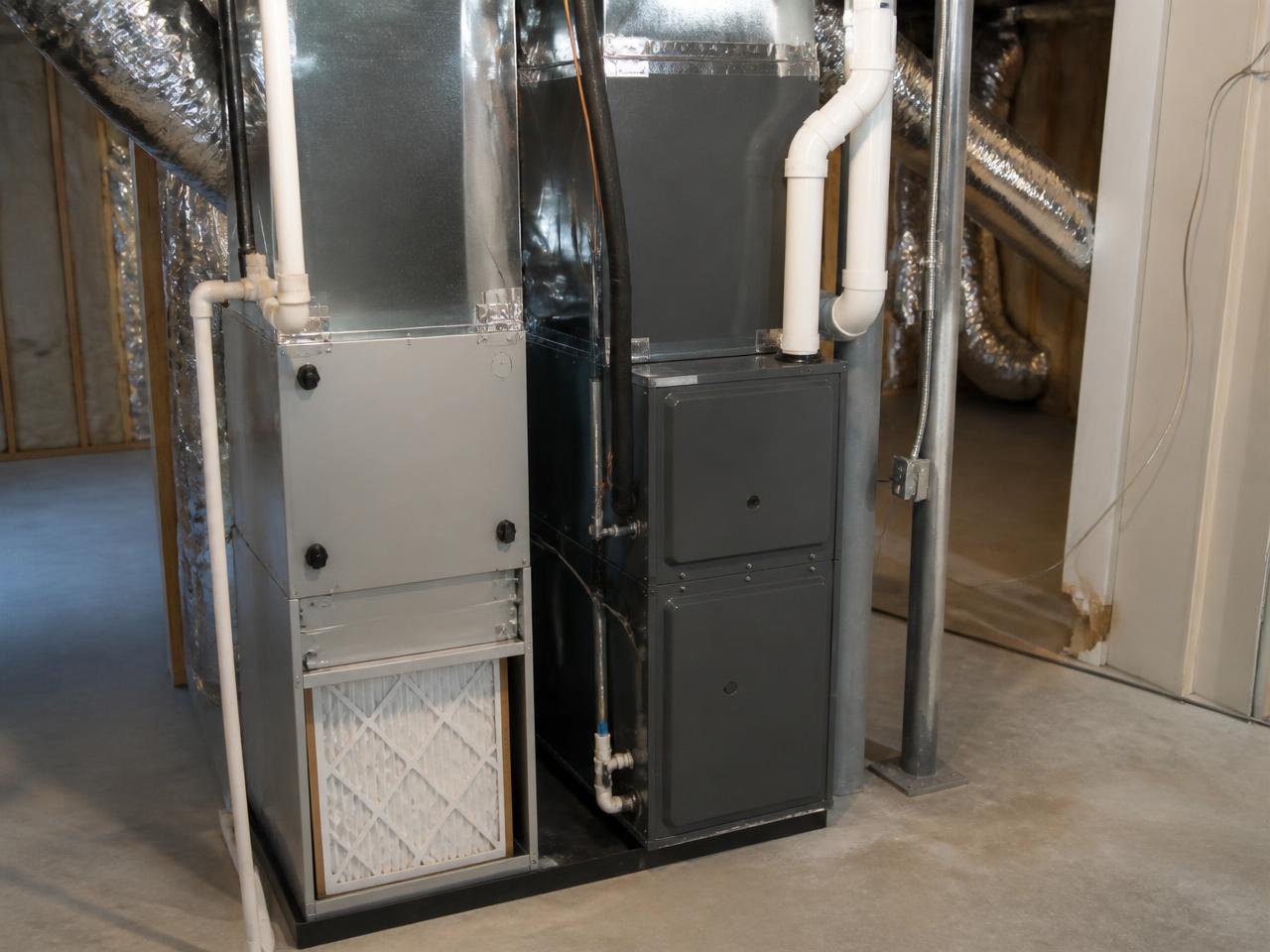 High-efficiency furnace and air handler in a basement