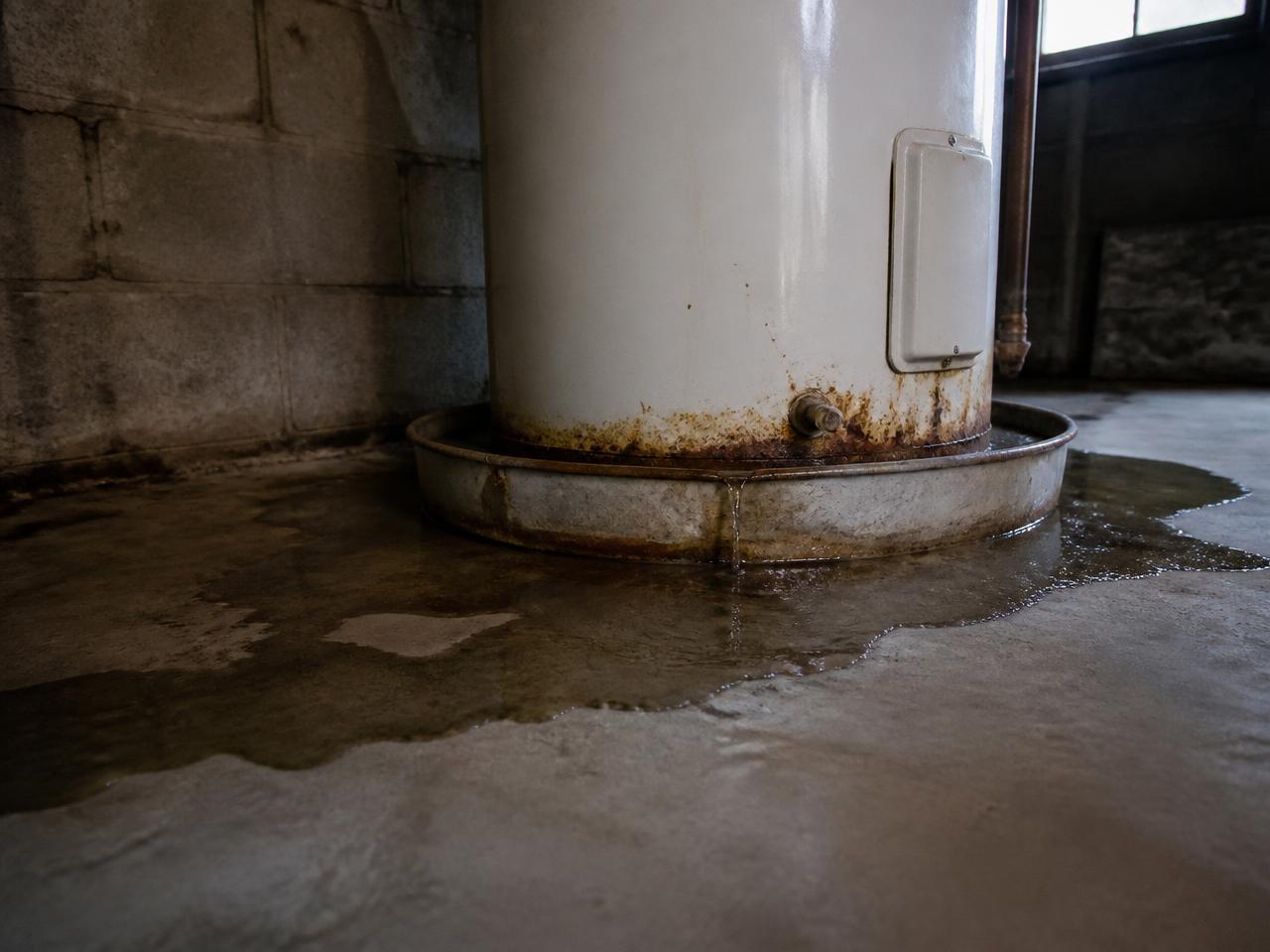 Water pooling on a basement floor around the base of a rusting water heater