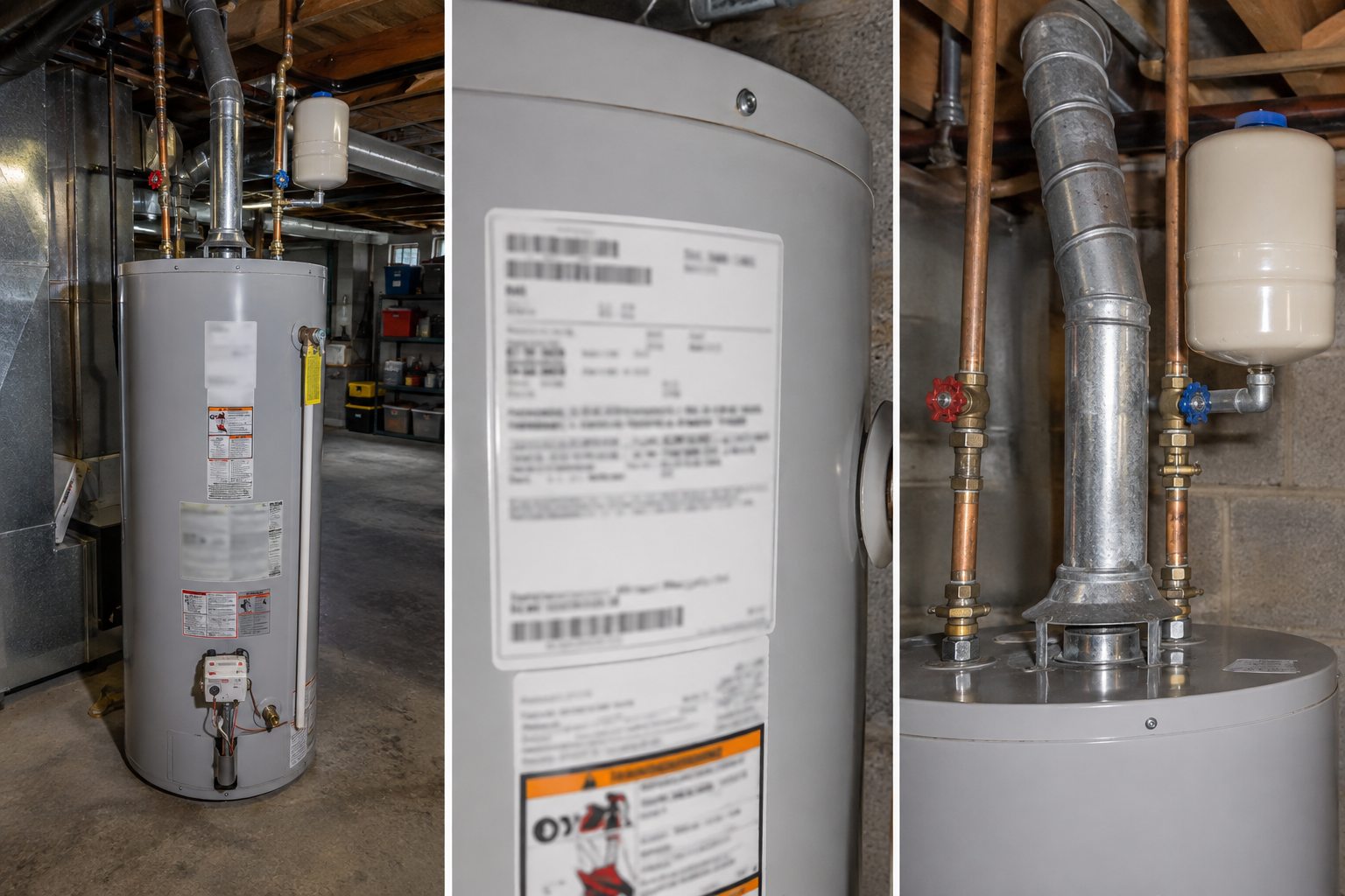 Three useful water heater quote photos: the full heater, model label, and vent with connections