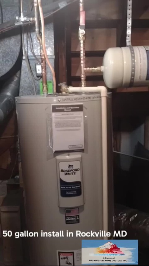 Completed 50-gallon water heater and nearby connected piping in Rockville, Maryland