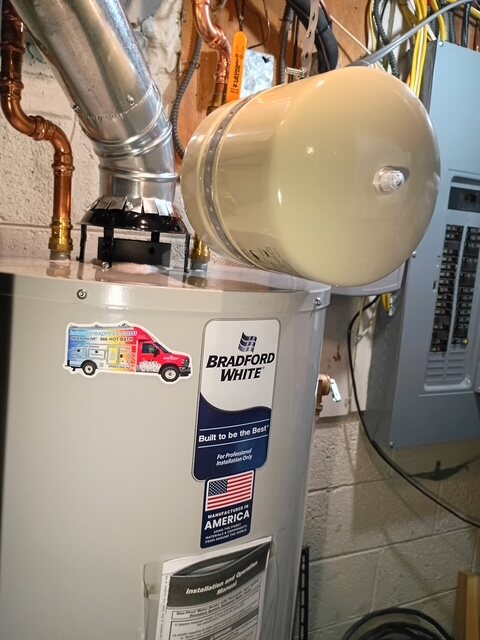 Venting and expansion tank on a completed Silver Spring water heater installation