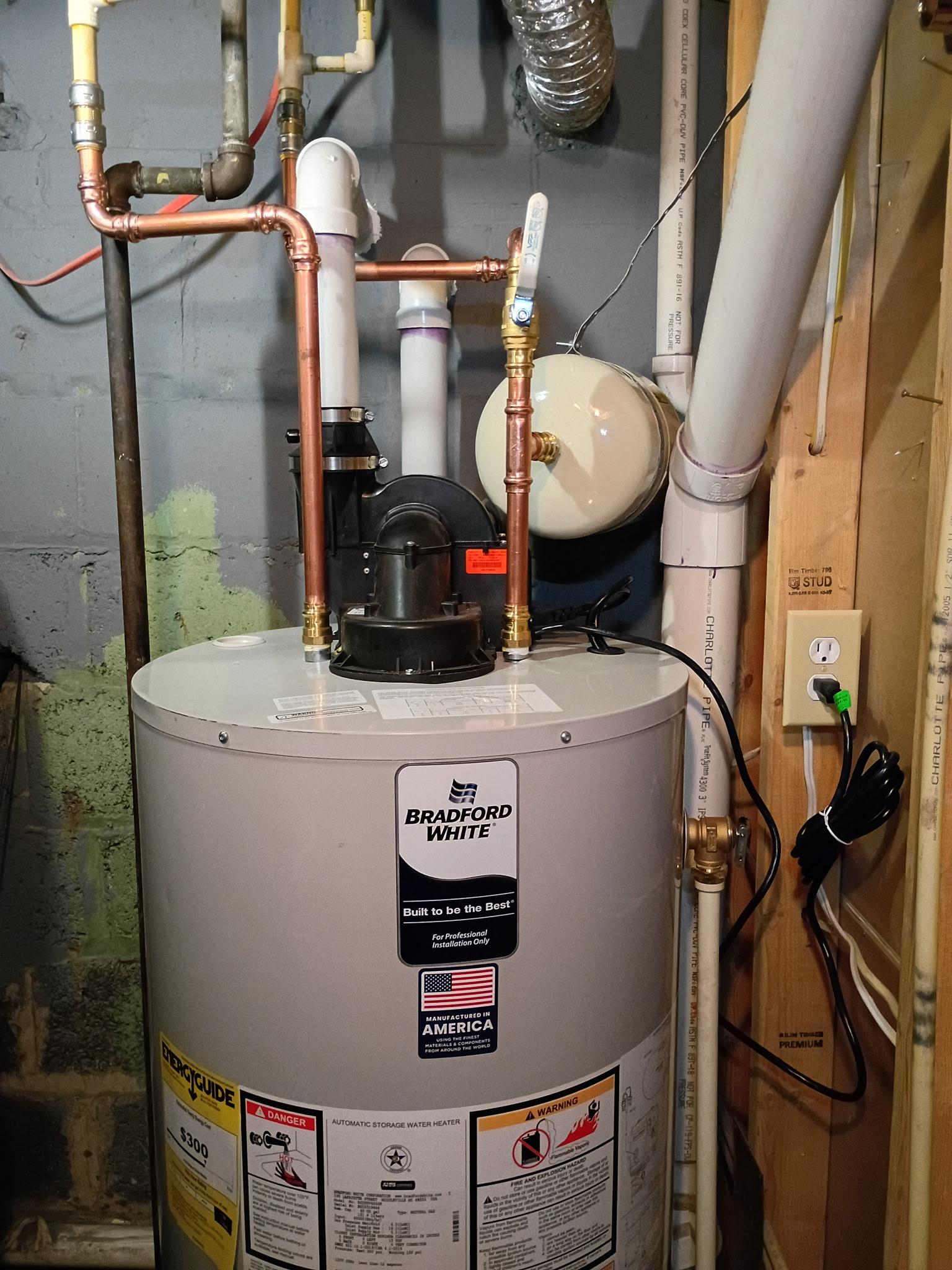 Bradford White power vent, copper piping and expansion tank installation details