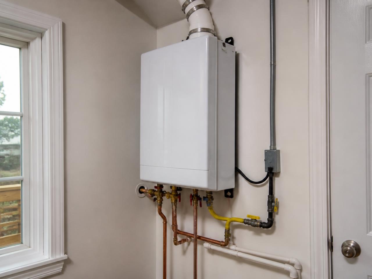 Wall-mounted tankless water heater with venting and supply lines