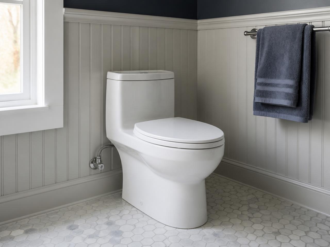 Modern toilet in a tiled bathroom during a service visit