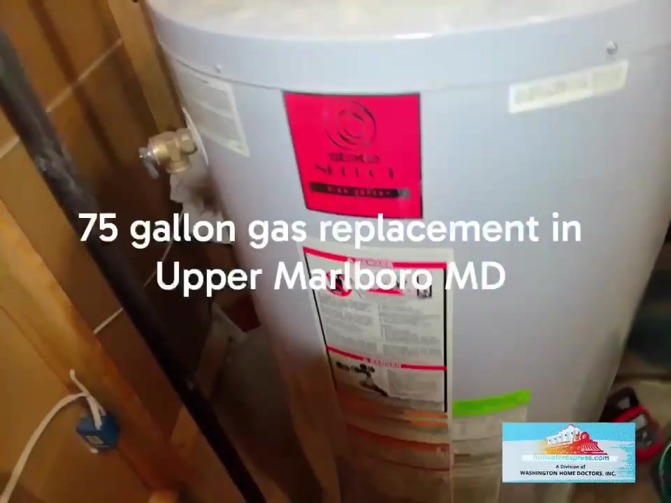 New 75-gallon gas water heater in a utility space in Upper Marlboro, Maryland